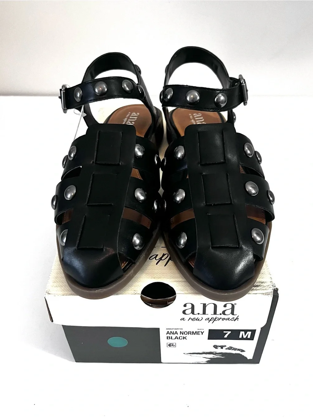 A.N.A. Black Studded Faux Leather Slingback Fisherman Sandals Flat Heel Women 7M